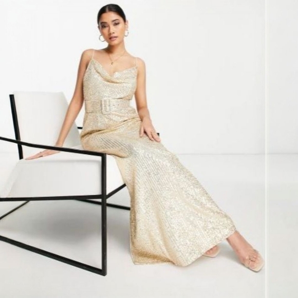 ASOS Design Elegant Gold Cami Sequin Maxi Dress W/ Belt, 14, Worn Once - Picture 1 of 11